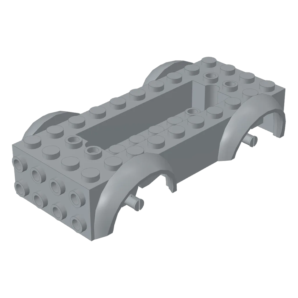 Vehicle Base 4 x 10 x 2 1/2 with Mudguards, Wheel Pins and 6 x 2 Centre Recess with 3 Holes, Red Wheel Holders in Light Bluish Gray