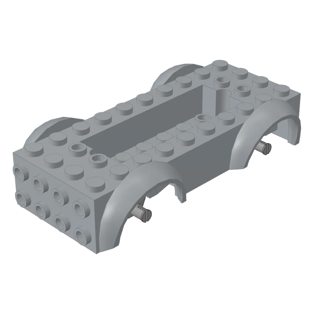 Vehicle Base 4 x 10 x 2 1/2 with Mudguards, Wheel Pins and 6 x 2 Centre Recess with 3 Holes, Light Bluish Gray Wheel Holders in Light Bluish Gray