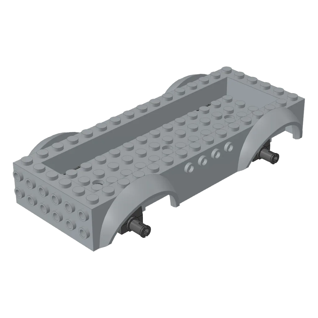 Vehicle Base 8 x 16 with Wheel Arches, Front and Side Studs, and 4 x 14 Recessed Studded Section, 3 Holes, Dark Bluish Gray Wheel Clip Pins in Light Bluish Gray