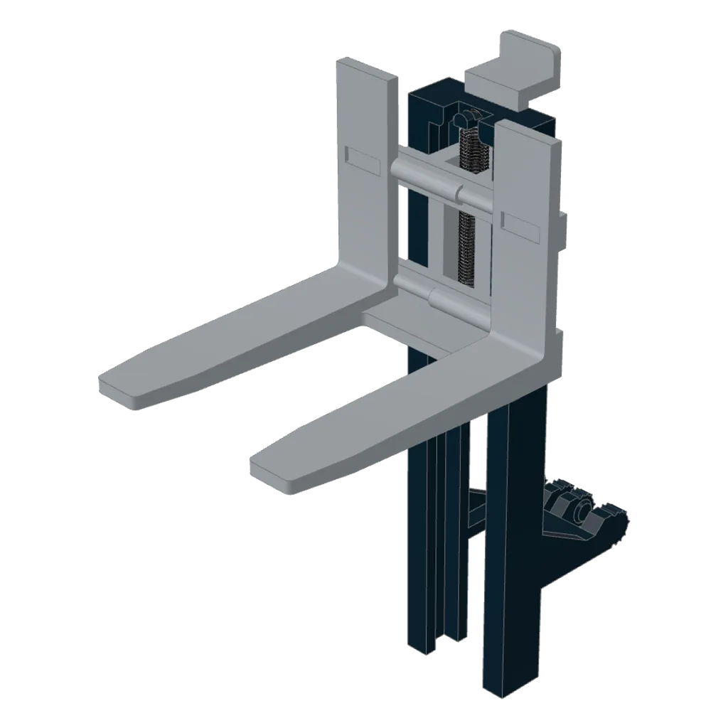 Forklift Mast and Carriage, Wide 1 x 2 Hinge Plate Locking and Dark Bluish Gray Wide Forks Reinforced [Complete Assembly] in Light Bluish Gray