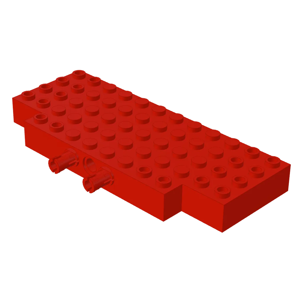 Brick Special 5 x 12 with Two 1 x 2 Cutouts, 1 Hole and 2 Fixed Rotatable Friction Pins on Side in Red